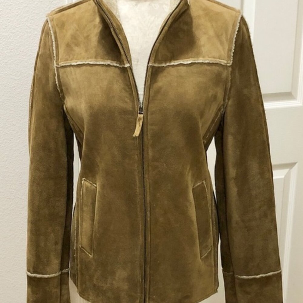 GAP Women's Y2K suede leather faux shearling zip-up jacket...